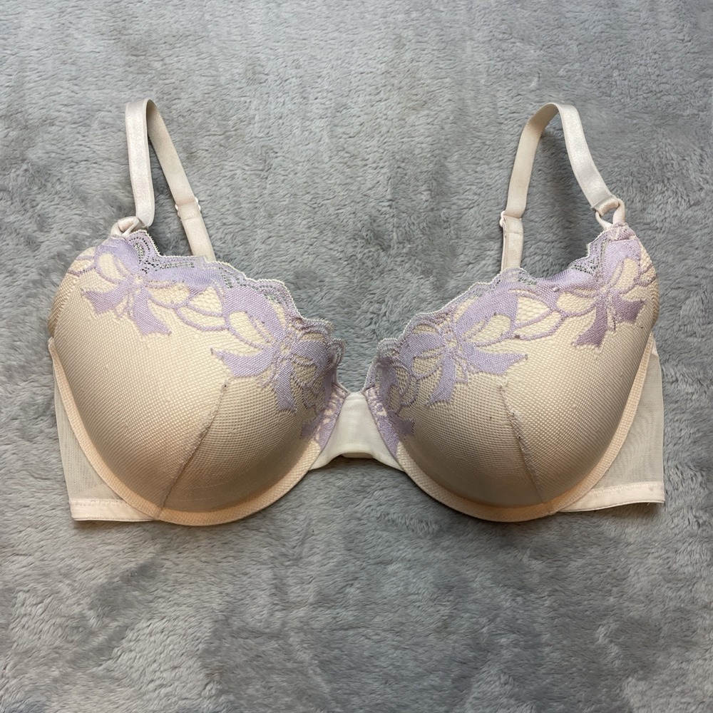 Adore‎ Me Womens Audrina Plunge Bra Size 36DD Cream Purple Lace Underwire Padded